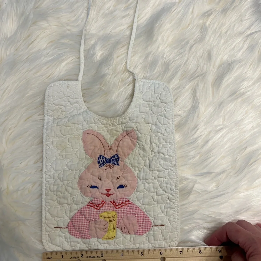 VTG Vintage 1960 Quilted Cotton Appliqué Baby Bib Pink Bunny Rabbit White